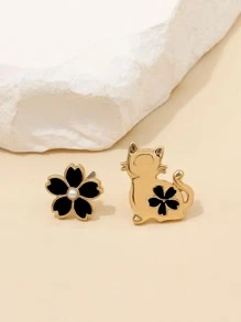 Pendientes de tachuela gato & con diseño de flor de desemparejar - Multicolor - Ver 3