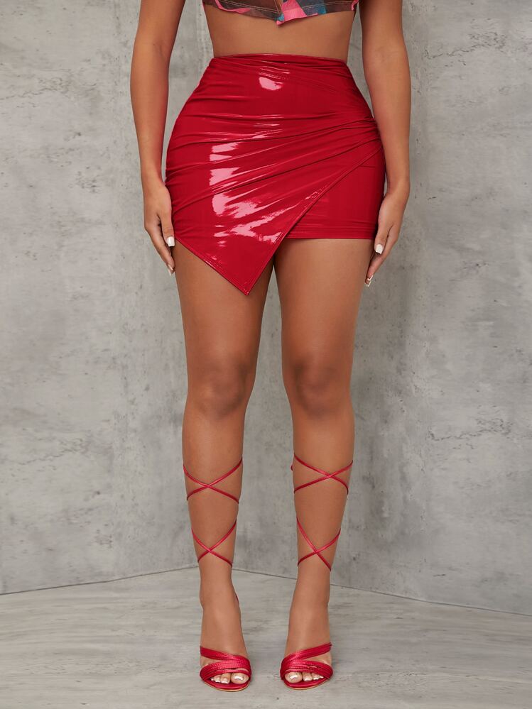 SHEIN SXY אסימטרי רוכסן פשוט מסיבה חצאית - אדום - ראה 1