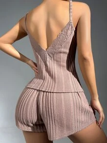 Solid Cami Top & Tie Front Shorts PJ Set - Mauve Purple - View 1