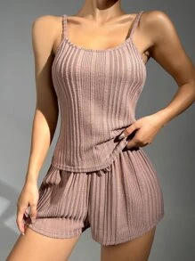 Solid Cami Top & Tie Front Shorts PJ Set - Mauve Purple - View 4