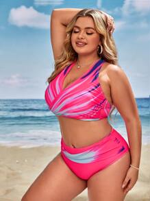 Swim Vcay Conjunto de bikini de talla grande con estampado de tie-dye y espalda entrecruzada para verano en la playa - Rosa Fucsia - Ver 4