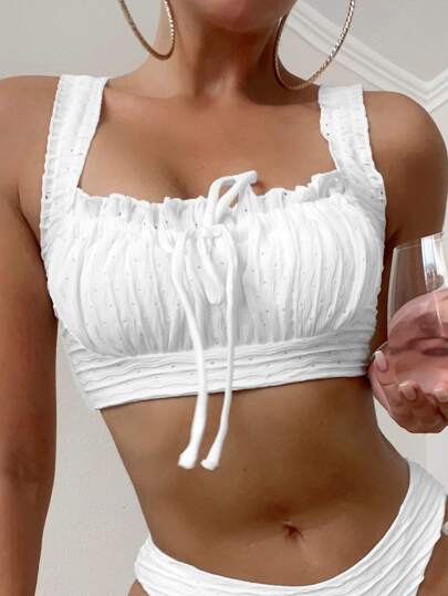 Summer Beach Frill Trim Tie Front Ruched Bust Eyelet Embroidery Bikini Top