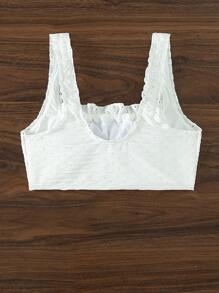 Swim Basics Summer Beach Frill Trim Tie Front Ruched Bust Eyelet Embroidery Bikini Top - White - View 2