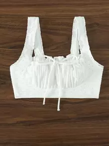 Swim Basics Summer Beach Frill Trim Tie Front Ruched Bust Eyelet Embroidery Bikini Top - White - View 4