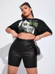 SHEIN ICON Plus High Waist Skinny Shorts - Black - View 1