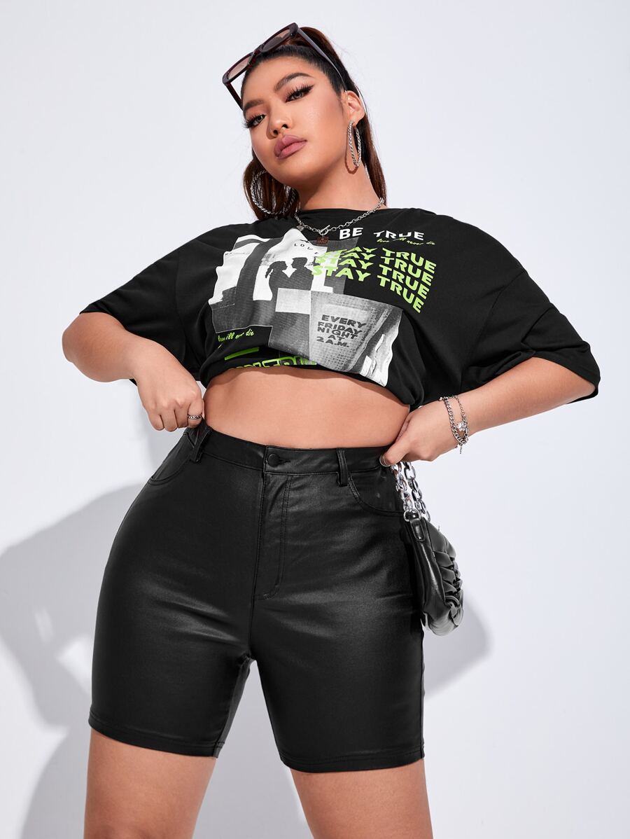 SHEIN ICON Plus High Waist Skinny Shorts - Black - View 1