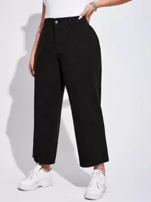 SHEIN EZwear Plus High Waist Wide Leg Jeans - Black - View 4