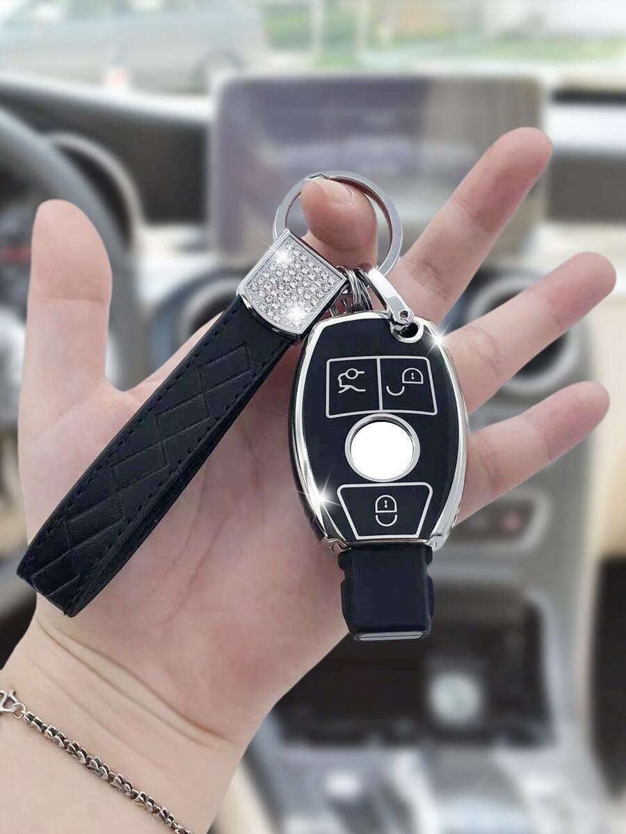 1套車鑰匙殼和鑰匙圈兼容奔馳,鑰匙表袋用鏈條或絲帶連接到馬甲懷錶套 - 彩色 - 查看 1