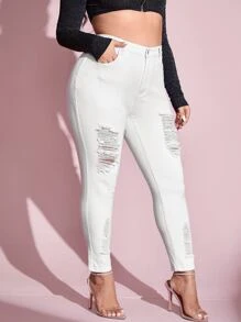SHEIN Essnce Jeans ajustados desgarro de talle alto - Blanco - Ver 5