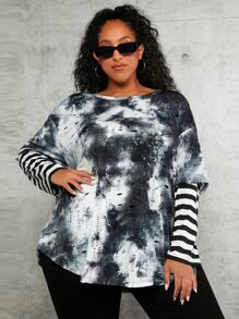 SHEIN CURVE+ Plus Tie Dye Striped 2 In 1 Drop Shoulder Tee - Multicolor - View 2