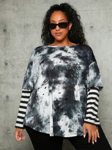 SHEIN CURVE+ Plus Tie Dye Striped 2 In 1 Drop Shoulder Tee - Multicolor - View 1