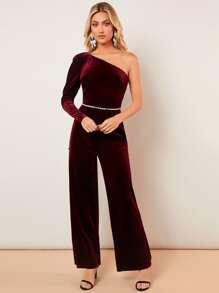 SHEIN BAE One Shoulder Wide Leg Jumpsuit Without Belt - Burgundy - View 3