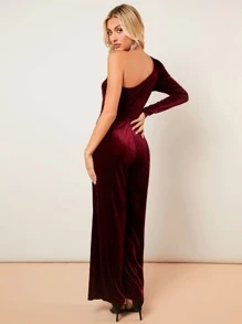 SHEIN BAE One Shoulder Wide Leg Jumpsuit Without Belt - Burgundy - View 2