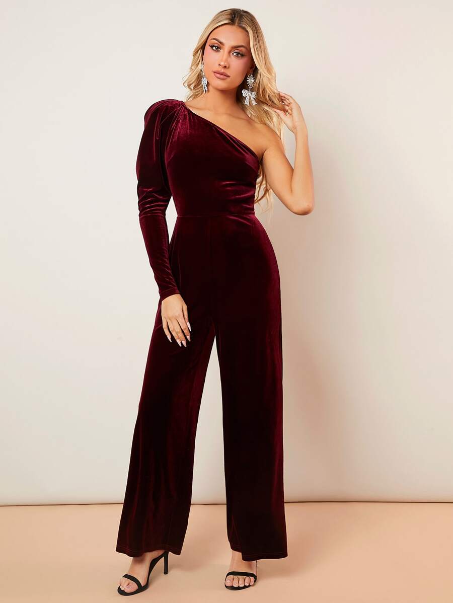 SHEIN BAE One Shoulder Wide Leg Jumpsuit Without Belt - Burgundy - View 1