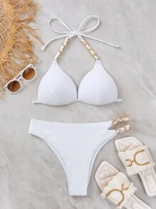 鏈接式露背海灘泳裝套裝，可加壓上提，夏季沙灘泳裝 - 白色 - 查看 5