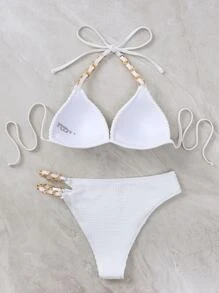 鏈接式露背海灘泳裝套裝，可加壓上提，夏季沙灘泳裝 - 白色 - 查看 2