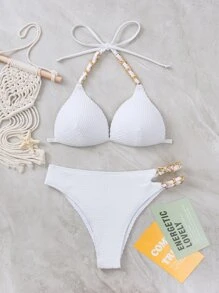 鏈接式露背海灘泳裝套裝，可加壓上提，夏季沙灘泳裝 - 白色 - 查看 7