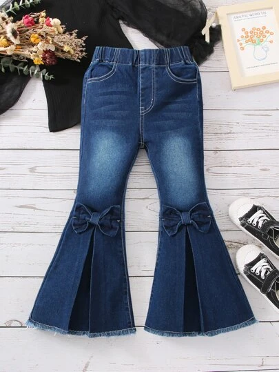 Young Girl Y2k Vintage Deep Blue Washed Bow Knot & 3d Decorated Flared Jeans With Fringe Hem, School, Campus, College Summer Holiday