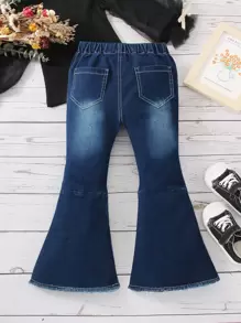 Young Girl Y2k Vintage Deep Blue Washed Bow Knot & 3d Decorated Flared Jeans With Fringe Hem