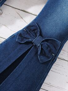Young Girl Y2k Vintage Deep Blue Washed Bow Knot & 3d Decorated Flared Jeans With Fringe Hem