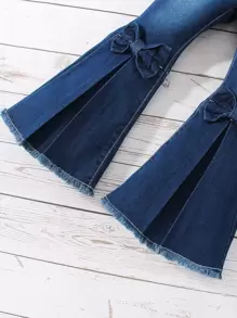 Young Girl Y2k Vintage Deep Blue Washed Bow Knot & 3d Decorated Flared Jeans With Fringe Hem