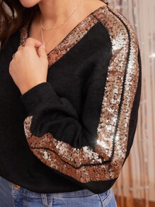 SHEIN Frenchy Contrast Sequin Drop Shoulder Tee - Black - View 2