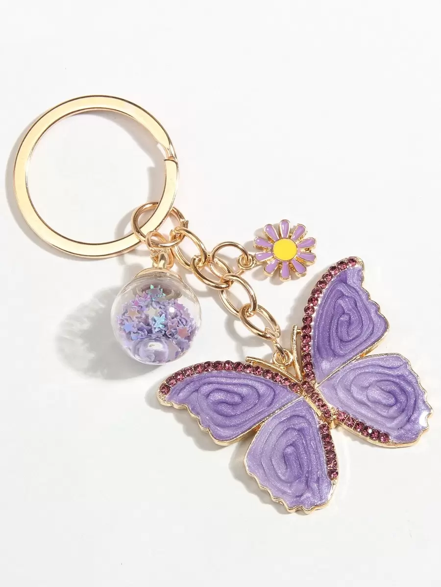 Elegant Butterfly & Flower Charm Keychain - Purple - View 1