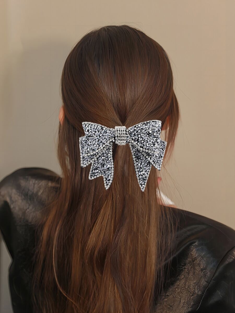 1pc Rhinestone Bowknot Spring Clip Hair Accessory, Suitable For Daily Wear, Bows, Cute, Looks Of Party, Hair Accessories, Head Accessories - Silver - View 1