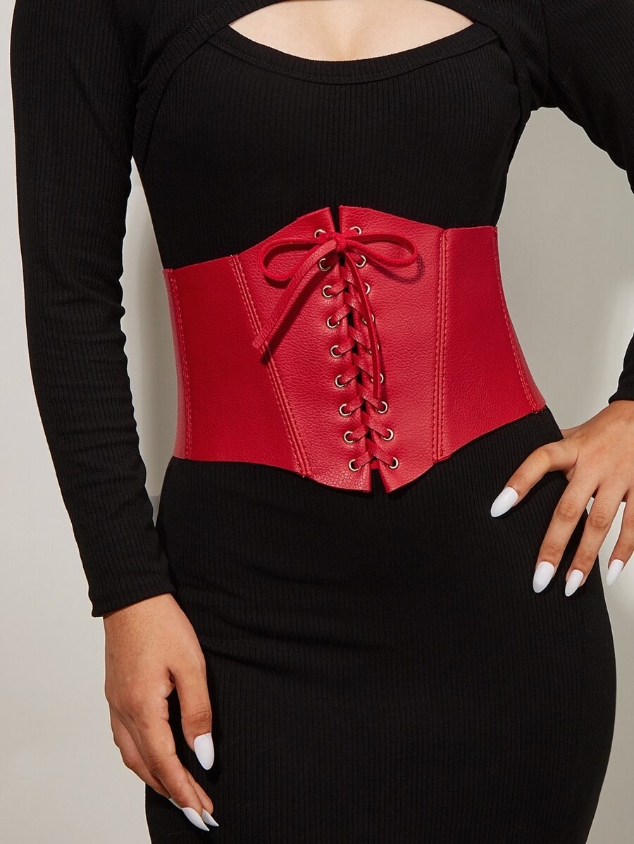 假皮腰帶,帶有蕾絲和蝴蝶結裝飾,束腰器身形塑腰帶 - 紅色 - 查看 1