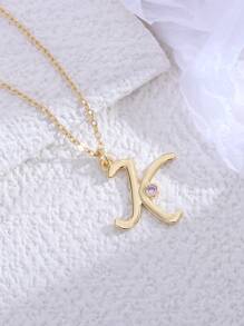 Cubic Zirconia Decor Letter Pendant Necklace - Yellow Gold - View 1