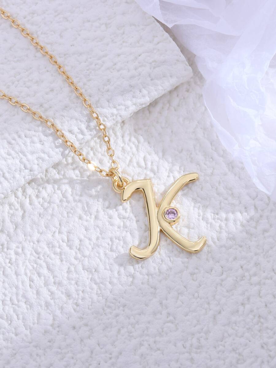 Cubic Zirconia Decor Letter Pendant Necklace - Yellow Gold - View 1