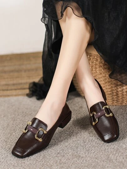 女士方头平底乐福鞋，复古风格，休闲穆勒鞋，粗跟，学院风