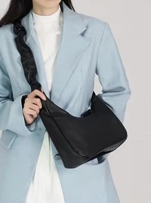 Korean Fashion Versatile Girl's Commuter Chic High-Quality Soft Leather Large Capacity Adjustable Strap Ruched Cloud Handbag, French Underarm Or Crossbody Shoulder Bag For Spring/Summer, School, Party, Gift - Black - View 3