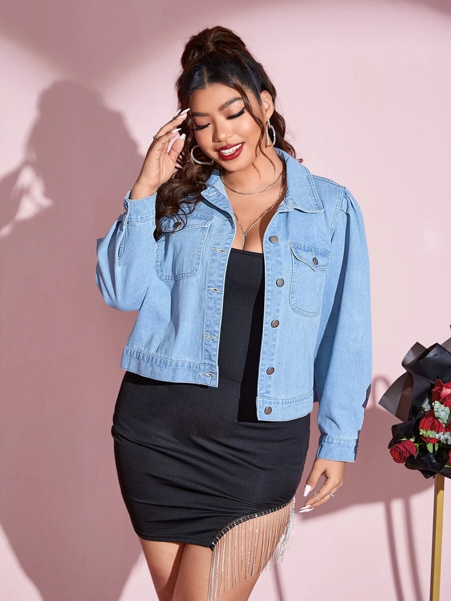 Cazadora mezclilla con bolsillo con solapa de manga farol - Lavado ligero - Ver 1