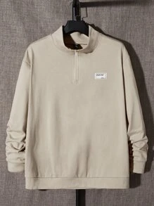 Manfinity Hombres Sudadera con diseño de parche de letra con cremallera media franela - Caqui - Ver 1