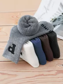 5 pares de calcetines medianos con patrón de letra P de dibujos animados para niños y niños pequeños, en unicolor negro, blanco, gris y azul, adecuados para estudiantes, uso diario, festivales, combinan con zapatillas deportivas, para todas las temporadas - Multicolor - Ver 1