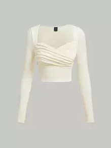 SHEIN EZwear Áo thun nữ Xù màu trơn Giải trí - Màu be - Xem 1