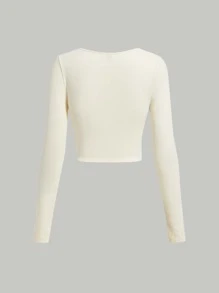 SHEIN EZwear Áo thun nữ Xù màu trơn Giải trí - Màu be - Xem 5