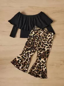 SHEIN Leap Crew Baby Ruffle Trim Top & Leopard Print Flare Leg Trousers - Multicolor - View 2