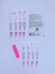 24pcs Long Coffin Butterfly Print Fake Nail & 1sheet Tape & 1pc Nail File - Multicolor - View 2