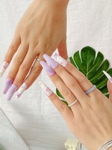 24pcs Long Coffin Butterfly Print Fake Nail & 1sheet Tape & 1pc Nail File - Multicolor - View 4