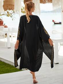 Black Embroidery Belted Kimono Without Bikini House Dress Summer - Black - View 2