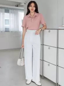 DAZY Polo Neck Ribbed Knit Tee,Business Casual Women