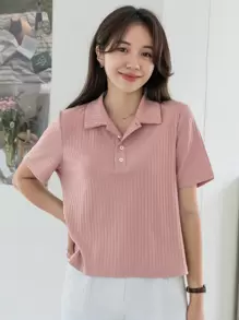 DAZY Polo Neck Ribbed Knit Tee,Business Casual Women