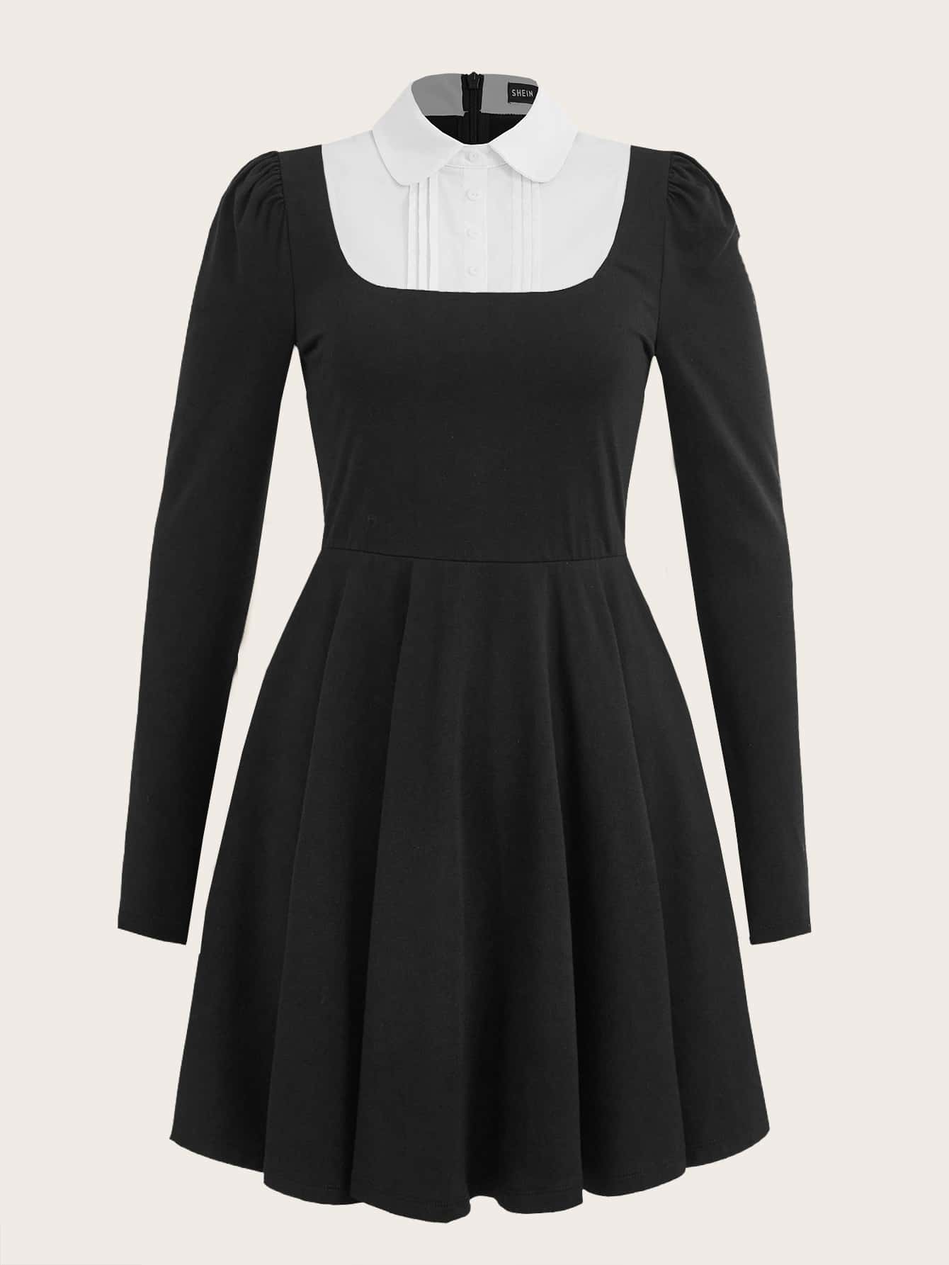 SHEIN Qutie Plus Contrast Collar Buttoned Front 2 In 1 Dress - Black - View 1