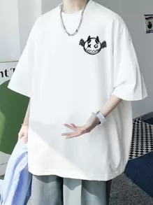 Manfinity Hypemode 男士寬鬆款卡通印花垂落肩t恤 - 白色 - 查看 1