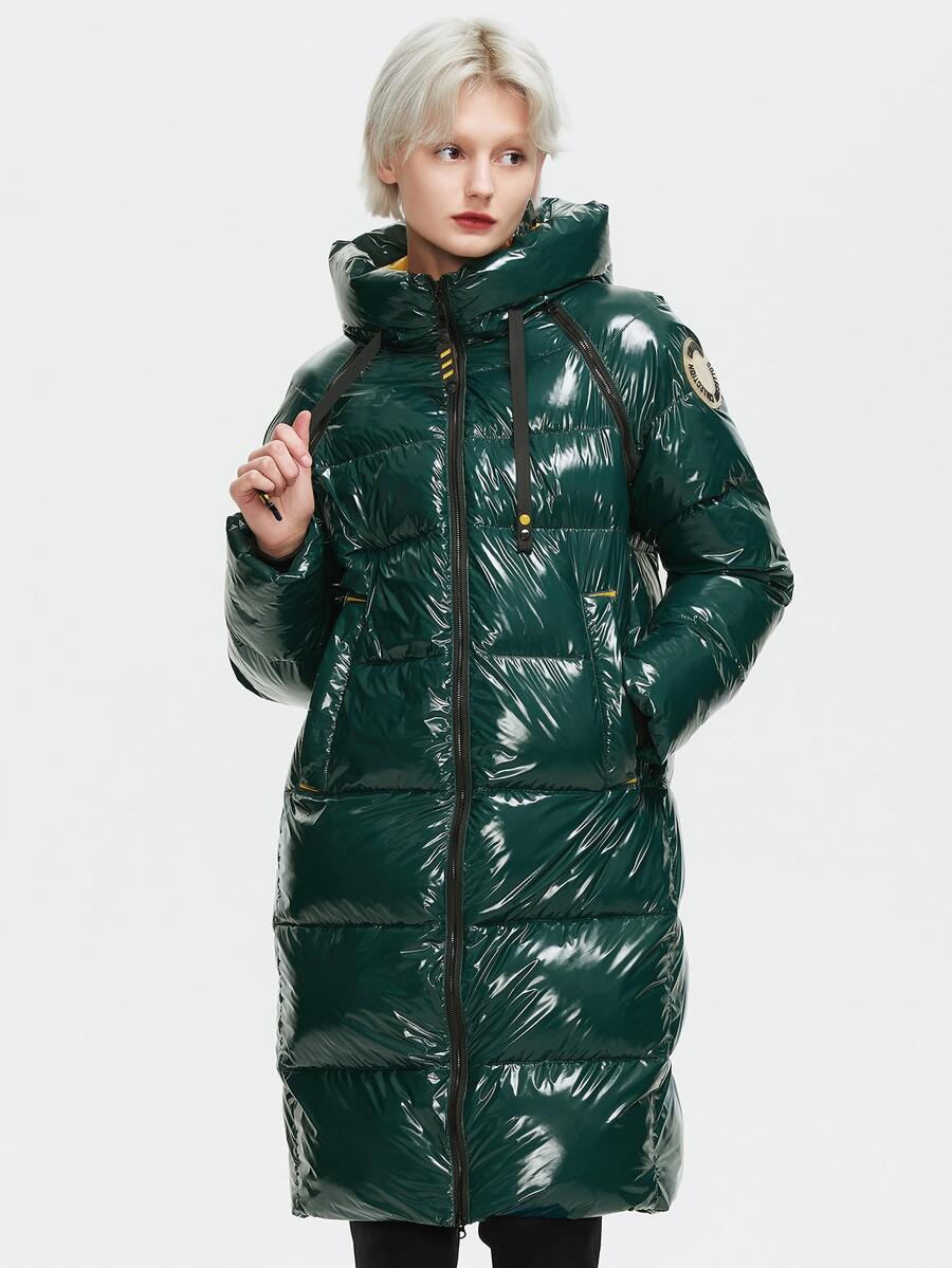 ZIAI Zip Up Hooded Raglan Sleeve Coated Padded Coat - Dark Green - View 1