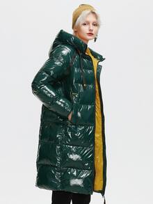 ZIAI Zip Up Hooded Raglan Sleeve Coated Padded Coat - Dark Green - View 3