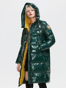 ZIAI Zip Up Hooded Raglan Sleeve Coated Padded Coat - Dark Green - View 6