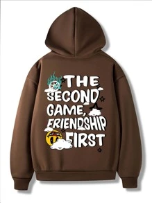 ROMWE MEN Hombres Capucha con estampado de slogan con bolsillo con cordón - Café integral - Ver 1